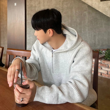 Winter Clothing Men's Luxury Knitted Zipper Hooded Pullovers Sweater Casual Streetwear Striped Solid Color Long Sleeve Hoodie